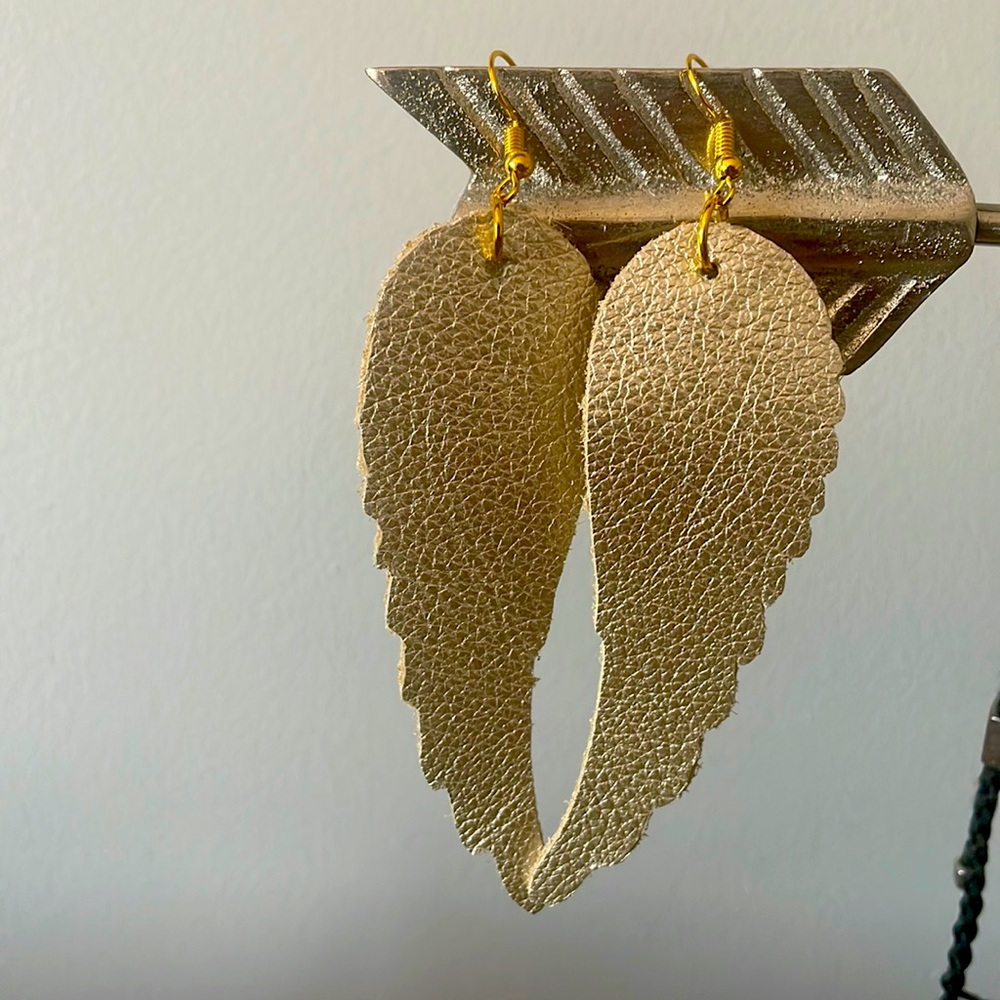 “New”- Gold leather angel wings earrings